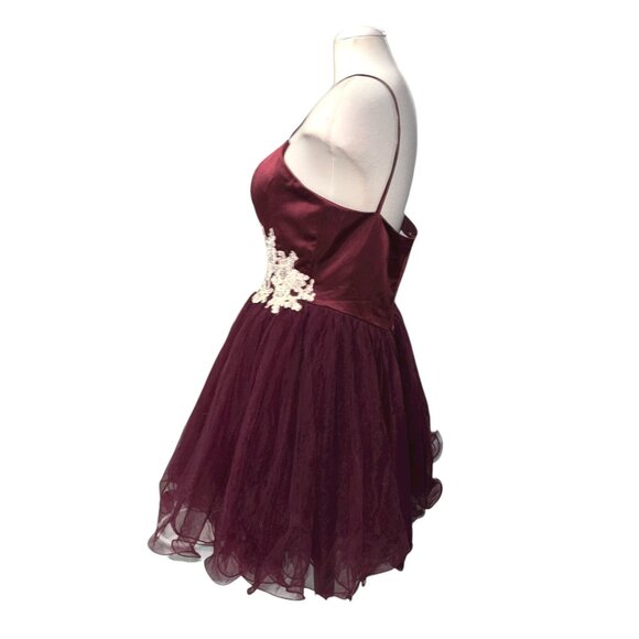 Hebeos Burgundy Tulle Short Party Dress Size Sz XL Womens Lace Appliqué Spaghett - Picture 8 of 9